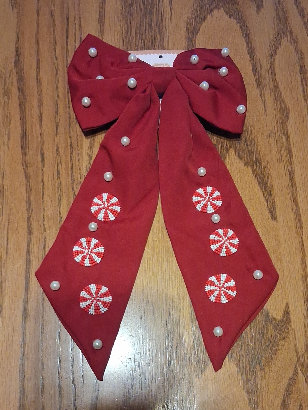 Mud Pie Red Bow Hair Clip with Pearls & Beaded Peppermint Accents